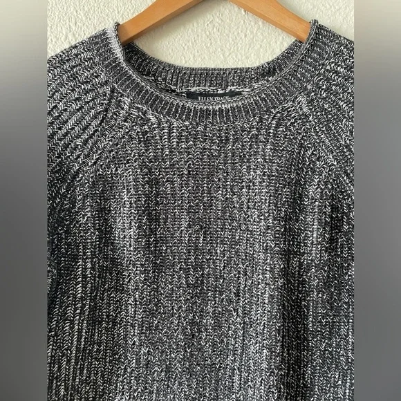 Ellen Tracy Knit Tunic Sweater Women’s L Black Marbled Cotton Rolled Round Neck - Picture 4 of 13